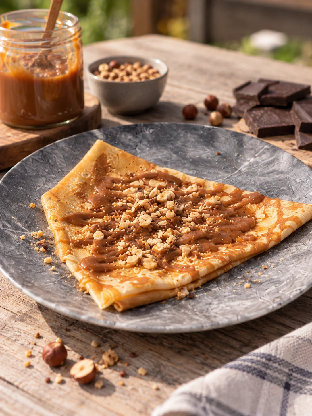 Crêpe sucrée gourmande garnie de chocolat, caramel et éclats croustillants