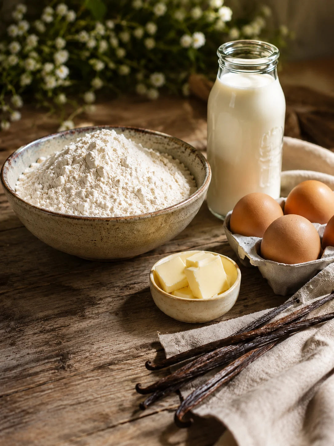 Ingrédients sélectionnés pour la pâte à crêpes sucrées de La Crêpe d’Escampette